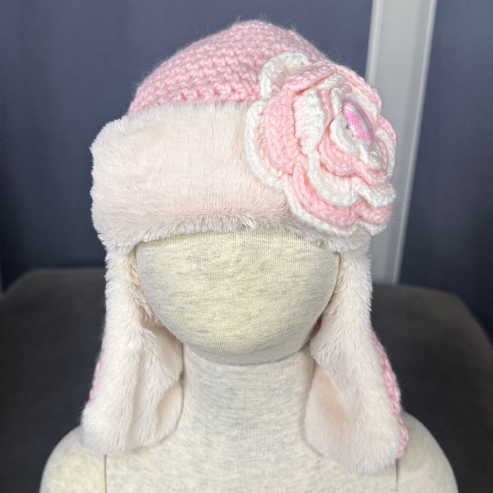 Daisy Baby Girls Toddler Crocheted Pink Aviator Hat Soft Fur 12-24 months NWT